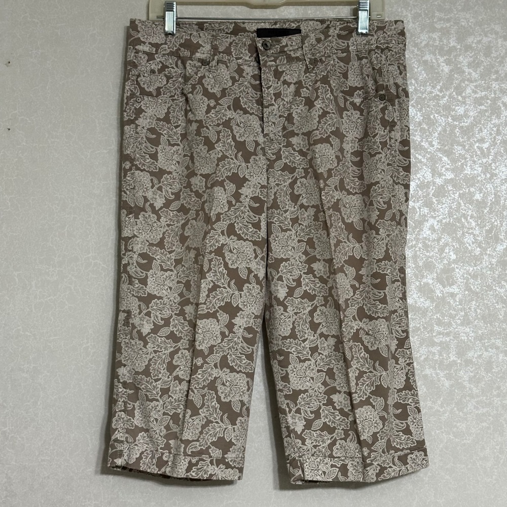 Nine West Floral Paisley Capri Pants Cropped Trousers Taupe White Cottage Sz 10